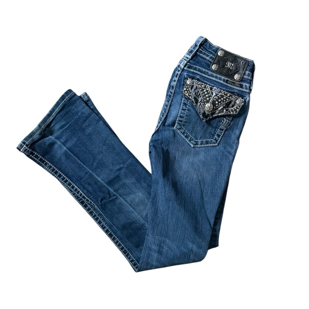 Miss Me Boot Cut Jeans Bottoms Ripped Size 25 Embroidered Studded Flap Pockets